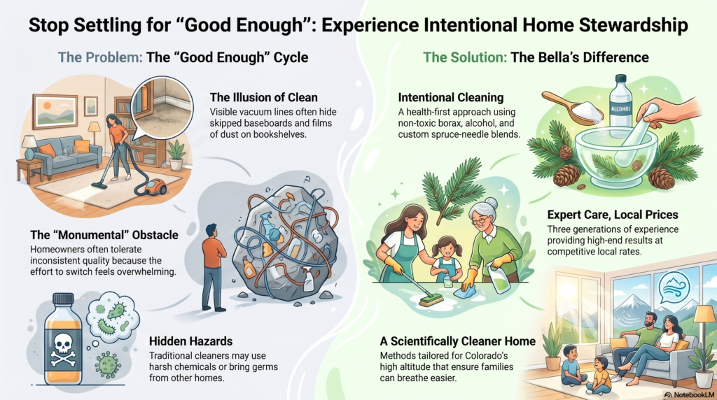 Why You Keep Your Bad Cleaner: A Guide to Finding a Great One 1 Infographic from Bella's Mountain Vacation Cleaning illustrating the 'Good Enough' cycle of home cleaning versus their intentional, health-first, and science-backed cleaning methods.