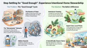 Infographic from Bella's Mountain Vacation Cleaning illustrating the 'Good Enough' cycle of home cleaning versus their intentional, health-first, and science-backed cleaning methods.