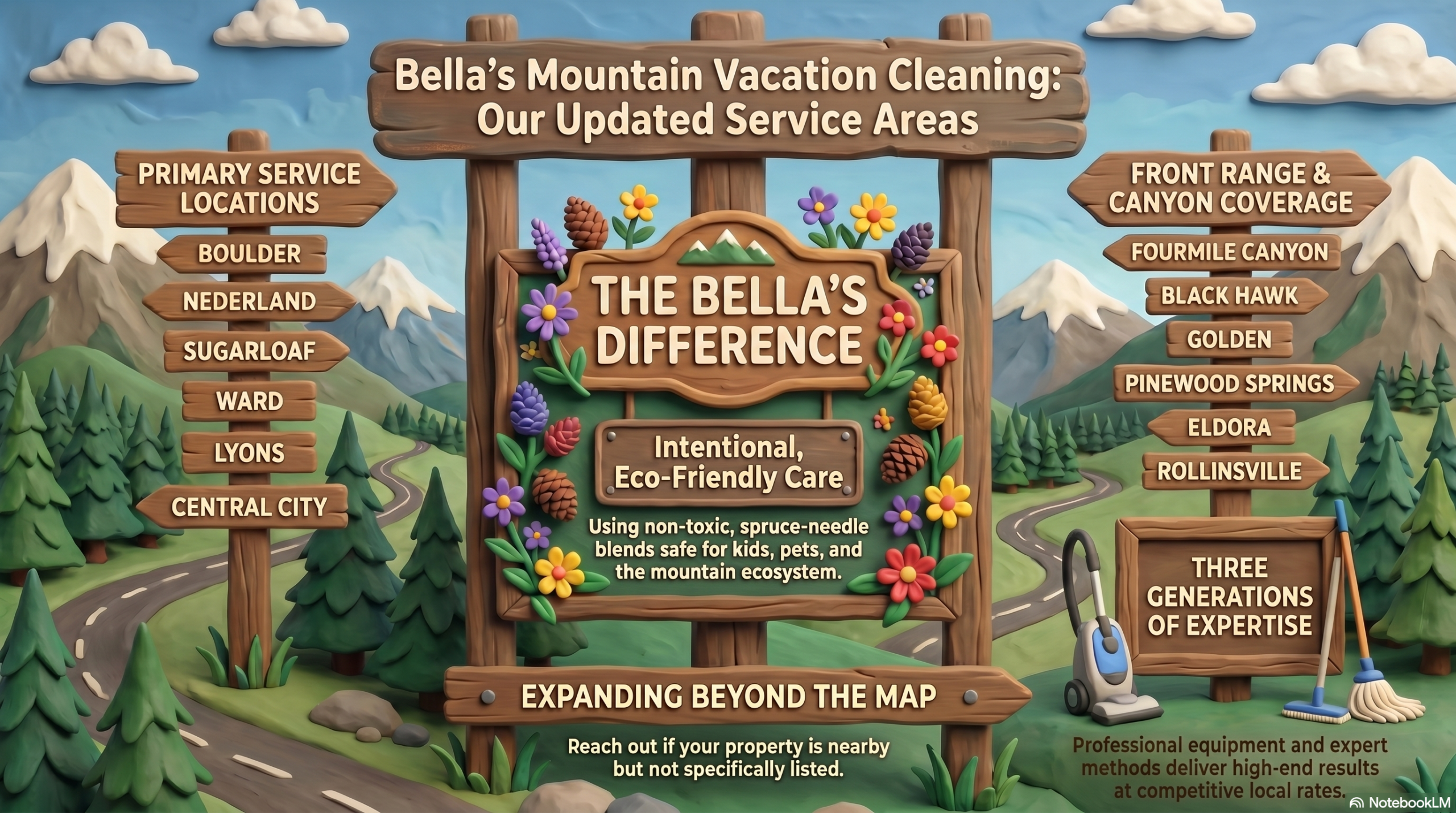 Infographic for Bella’s Mountain Vacation Cleaning showing service areas across Boulder County and mountain towns, highlighting eco-friendly, non-toxic cleaning methods and three-generation professional expertise.