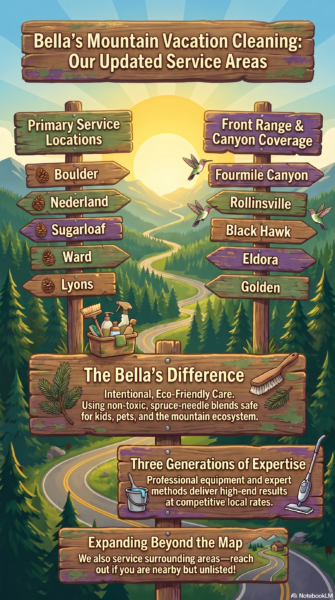 Illustrated wooden signpost map showing Bellas Mountain Vacation Cleaning service areas across Colorados Front Range and Boulder County mountain communities, including Boulder, Nederland, Lyons, Fourmile Canyon, Rollinsville, Black Hawk, Eldora, and Golden, with eco-friendly cleaning supplies and a winding mountain road in the background.