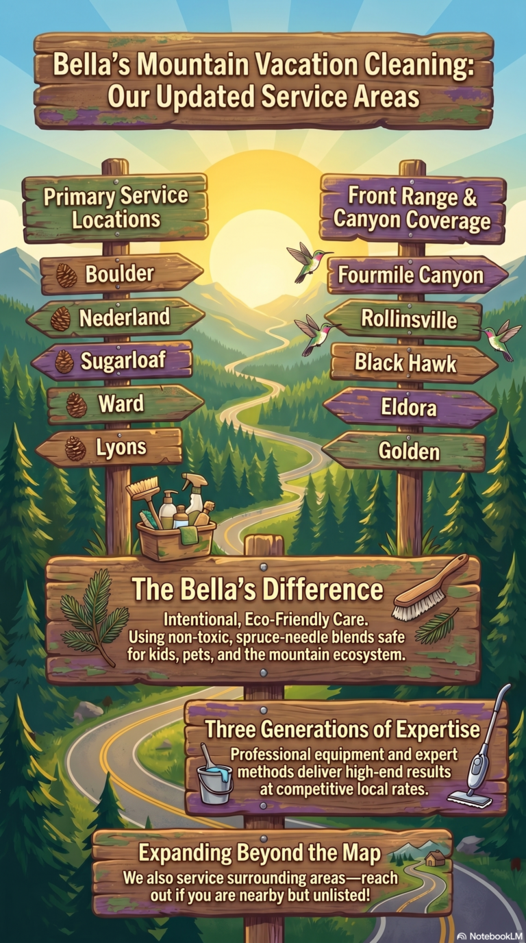 Illustrated wooden signpost map showing Bellas Mountain Vacation Cleaning service areas across Colorados Front Range and Boulder County mountain communities, including Boulder, Nederland, Lyons, Fourmile Canyon, Rollinsville, Black Hawk, Eldora, and Golden, with eco-friendly cleaning supplies and a winding mountain road in the background.