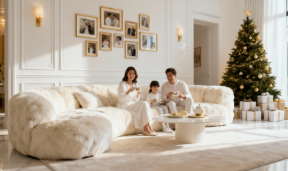 Family relaxing on a clean white sectional sofa in a bright luxury living room with Christmas tree and presents after professional holiday home cleaning in Boulder County Colorado
